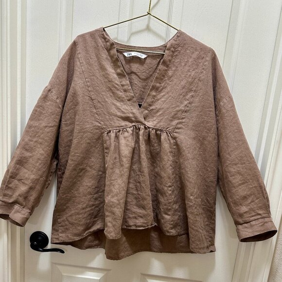 Zara 100% Linen Oversized Tunic Top Women's Size XS Brown Boho Feminine Gypsy - Picture 1 of 11